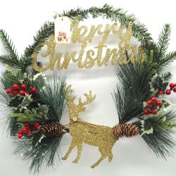 CORONA AGHI DI PINO C/RENNA GLITTERATA ORO 927951