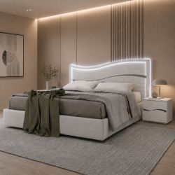 Letto Karakum testiera legno olmo bianco giroletto imbottito con box