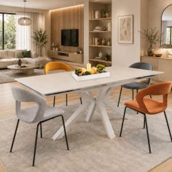 Tavolo metallo bianco piano vetro effetto marmo 160-240x90 TAV5201
