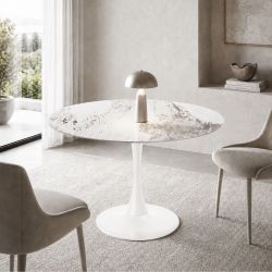 Tavolo Paul metallo bianco vetro effetto ceramica marmo calacatta TAV296