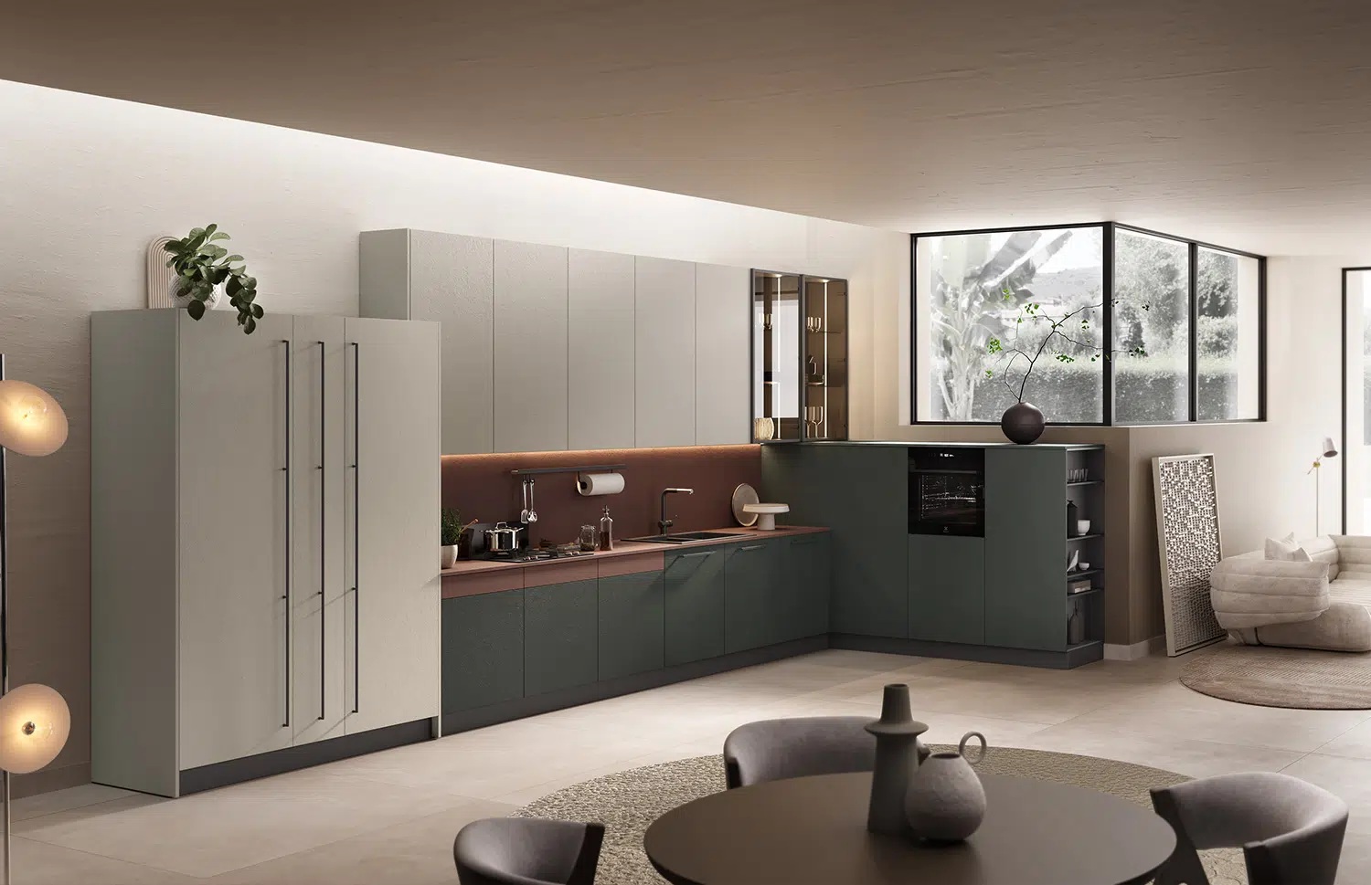 Cucina Pop verde laguna grigio nebbia e mattone