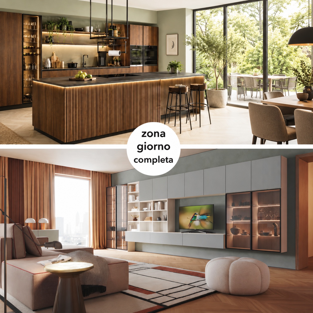 Zona giorno completa di cucina e soggiorno
