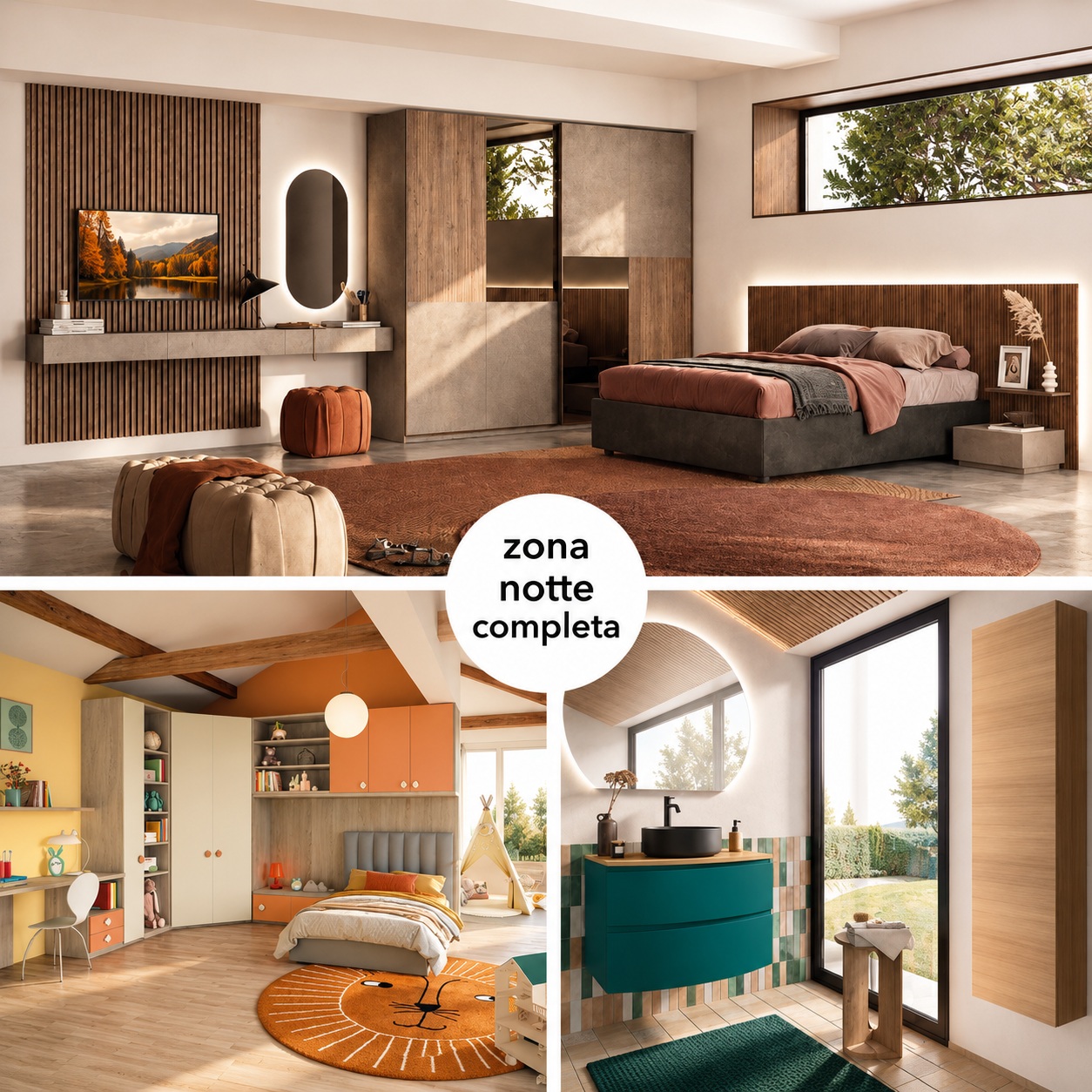 Zona notte completa di camera da letto, cameretta, bagno
